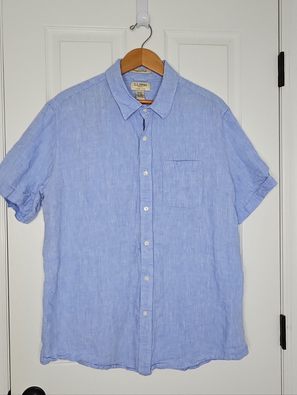 LL Bean Slightly Fitted 100% Linen Shirt Men XL Blue Short Sleeve Button Front